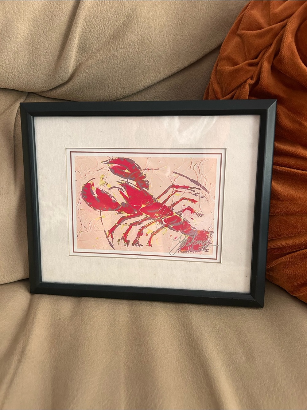 Vintage Signed Lobster Art Print Coastal Nautical Red Lobster Framed 1980’s